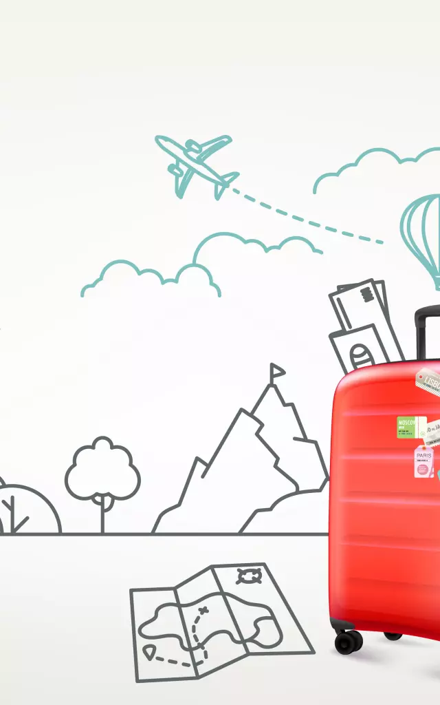 Photoreal red suitcase with cityscape background. World travel vector concept