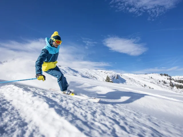 Ski Alpin. Skieur qui dévale les pistes des Saisies