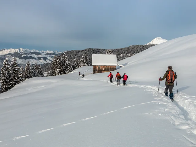 Randonnée à raquettes en hiver dans le massif du Beaufortain , Savoie , France